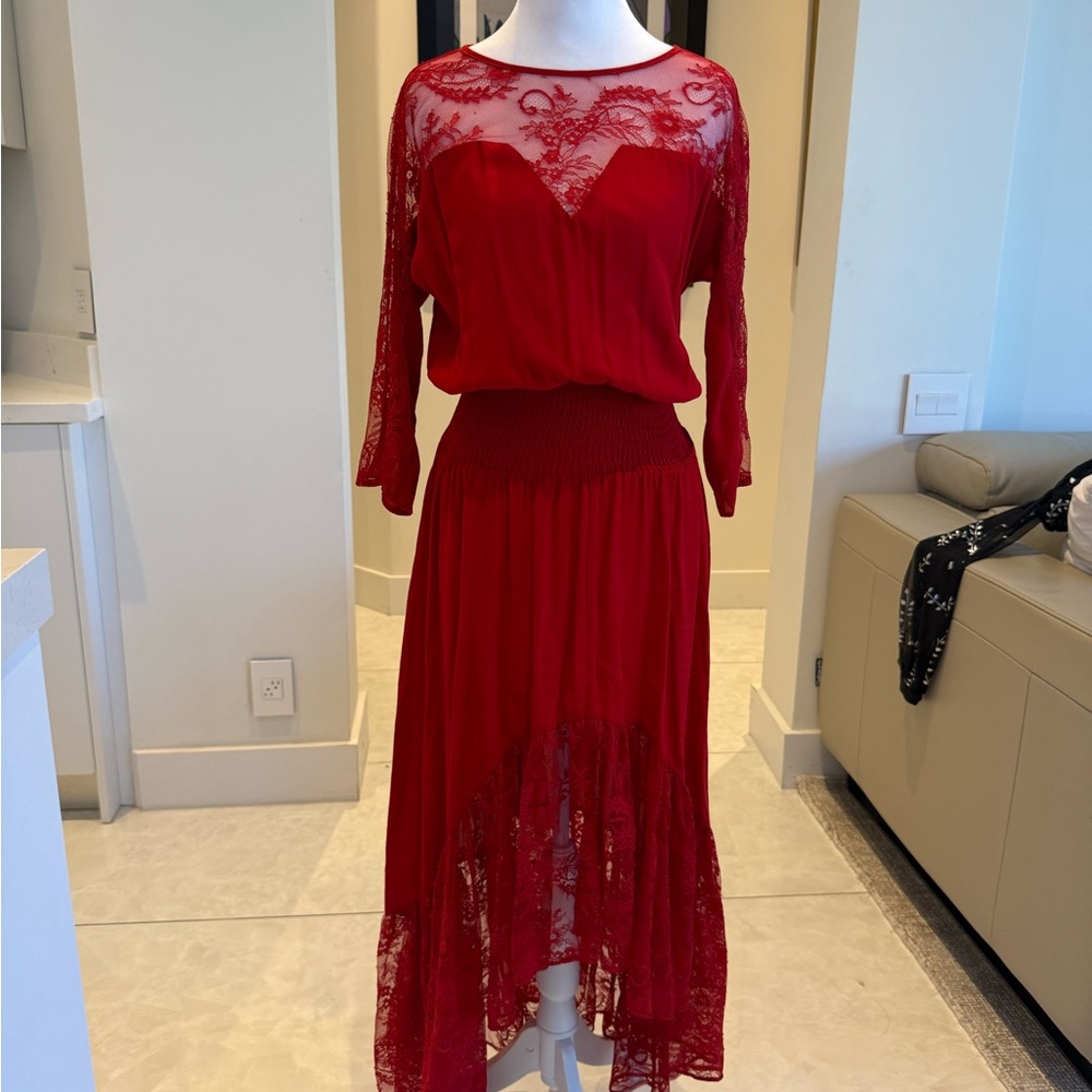 Sandro High Low Red Lace Midi Dress size small